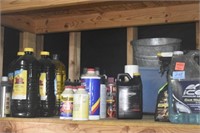CONTENTS OF SHELF-PAINT, TIKI TORCHES,