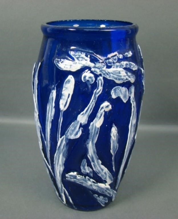 Westclair White Enamel on Blue Dragonfly Vase.