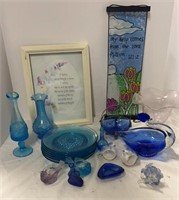 Blue Colored Glassware and Wall Hangings