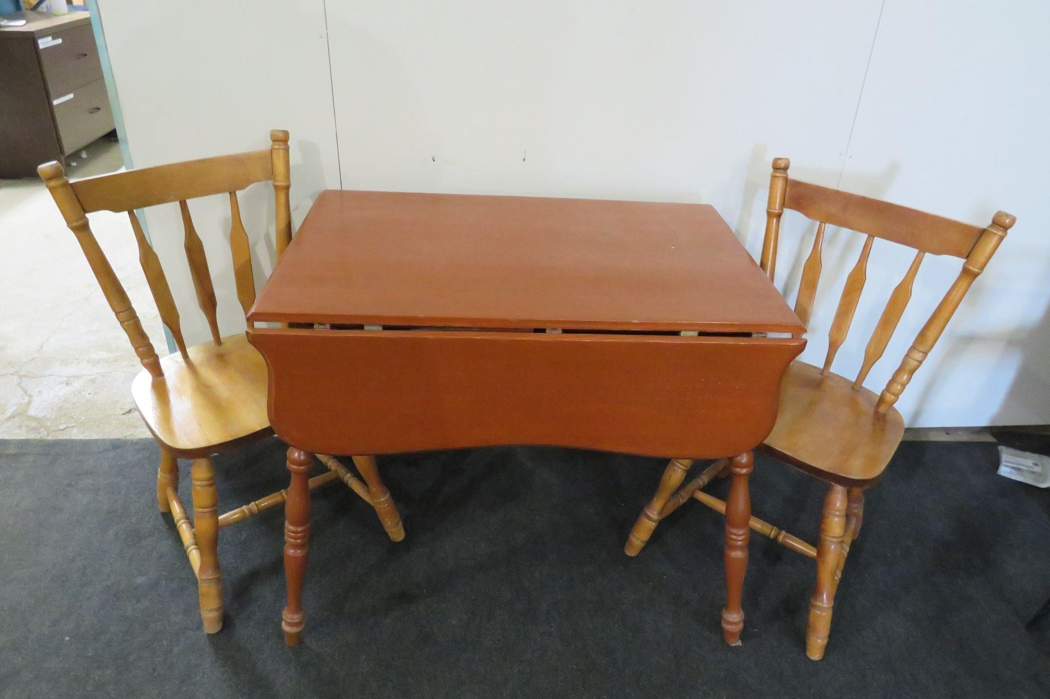 24" X 36" DROP LEAF WOOD TABLE / 2 CHAIRS