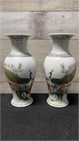 2 Beautiful Asian Peacock Vases 8" Tall