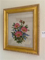 Crewel Embroidered Pink Flower Wall Art