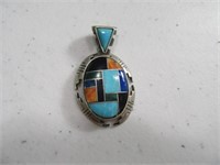 Signed Sterling Round Pendant Zuni Look 1.25"