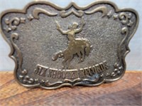 Brass Six Shooter Record Lady on Horse Belt Buckle