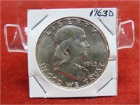 1963D 90% Silver Franklin Half Dollar. US coin.