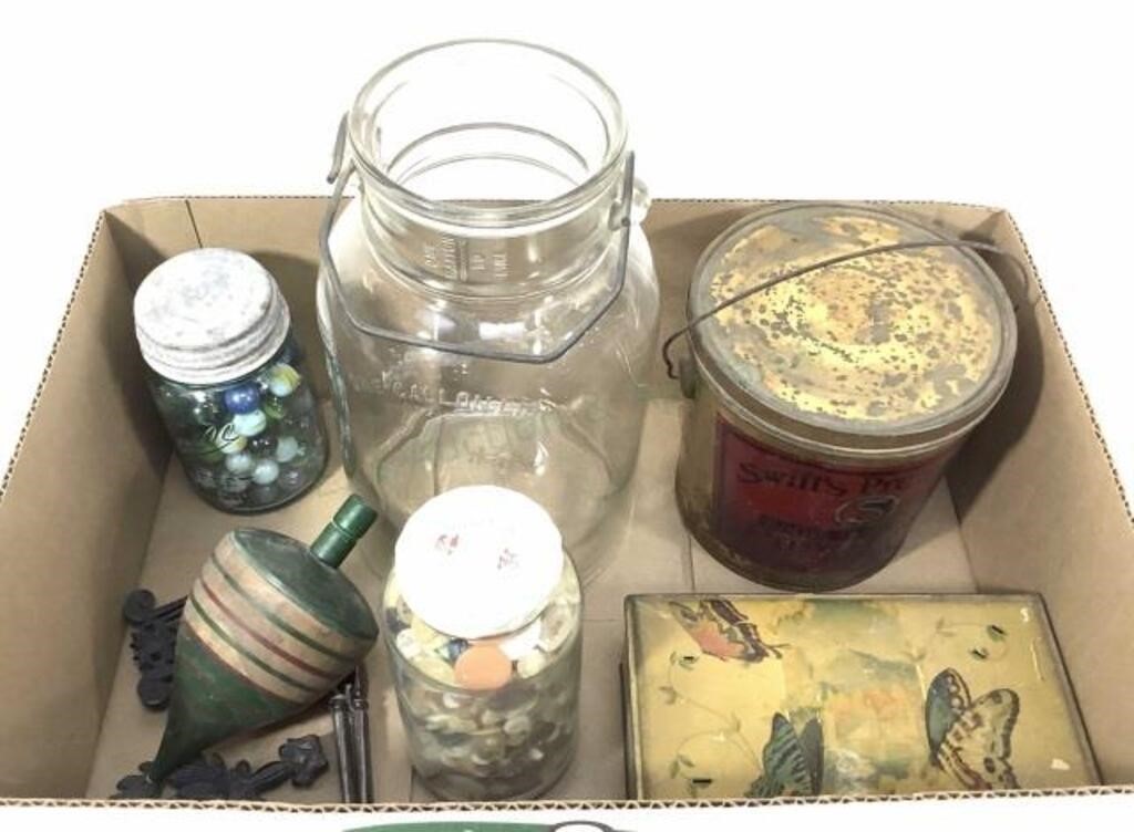 Vintage Mini Trivets, Marbles, Buttons,  Jar, Tin