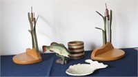 Decorative Cattail Book Ends With Fish Figurines