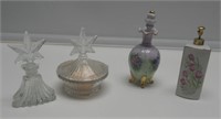 3 PERFUME BOTTLES & 1 POWDER JAR NICE 5-6".