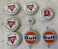 8 unused oil bottle caps; Marathon, Conoco, Gulf