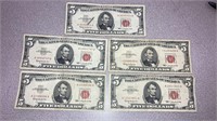 (5) 1963 red seal $5 bills