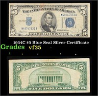 1934C $5 Blue Seal Silver Certificate Grades vf++