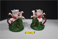 Two Porcelain Flower Candle Sticks