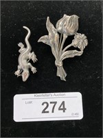 Sterling Silver Flower Brooch & Alligator Brooch,