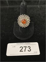 Sterling Silver Orange Stone Flower Ring.