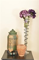Tall Glass Vase, Pot with Lid, and Wicker Basket