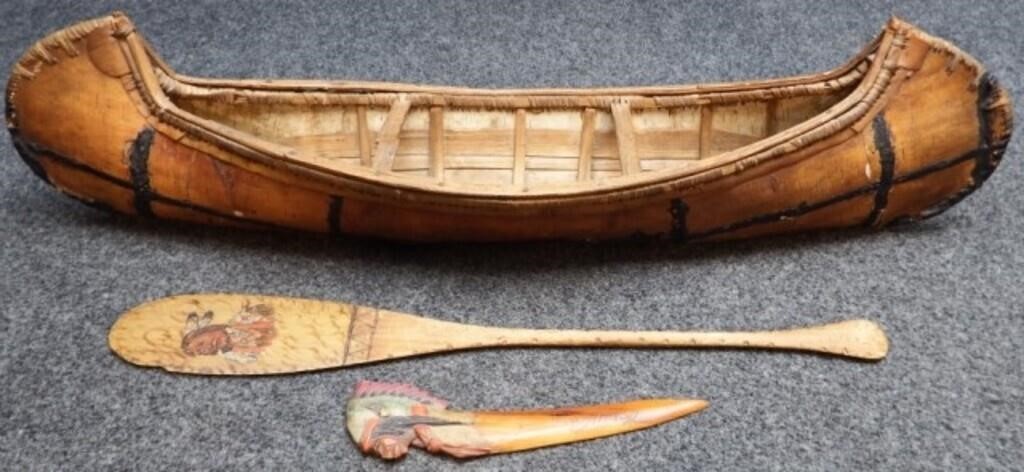 Birch Bark Canoe, Wooden Paddle & Letter Opener