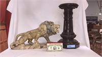 MARBLE PEDESTAL & ALABASTER LION