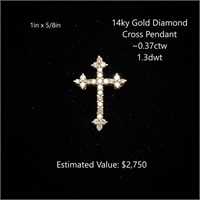 14kt Diamond Cross Pendant, ~0.37ctw, 1.3dwt
