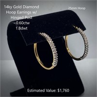14kt Diamond Hoop Hinged Post Earrings, ~0.60ctw