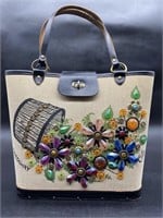 Vintage Bejeweled Country Flowers Purse w/