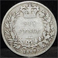 1858 Queen Victoria Silver Sixpence