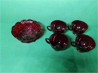 Fenton Red Glass Dish with 4 Red Cups