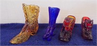 (4) GLASS SHOES, 2 ARE FENTON & BLUE ROLLER SKATE