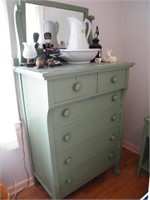 GREEN PAINTED 6 DRAWER CHEST W/ MIRROR