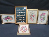 WALL HANGING & 4 FRAMED EMBROIDERIES