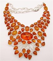 LARGE! SILVER TONED FAUX BALTIC AMBER COLLAR