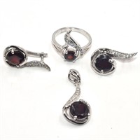 Silver Garnet(6.05ct) Earrnig Ring Pendant Set