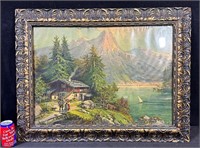 Vintage Framed Swiss Alpine Mountain Landscape