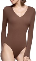 PUMIEY Bodysuits for women V Neck Long Sleeve M