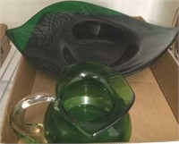 GREEN LEAF PLATTER, PITCHER WITH APPLIED HANDLE