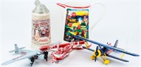 Coca Cola Toy Planes, Pitcher and Stein