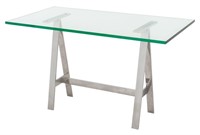 Contemporary Glass & Chrome Sawhorse Dining Table