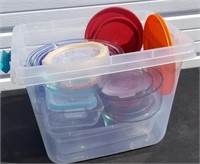 Storage Tote Of Glass Mixing Bowls & Containers