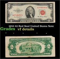 1953 $2 Red Seal United States Note Grades vf deta