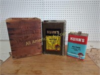 ANTIQUE KUHN'S PAINT THINNER CANS & WOODEN BOX