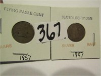 1887 SEATED LIBERTY DIME, 1857 FLYING EAGLE CENT