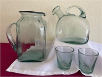 Blown Glass Clear Teal Pitchers & 2 Shot Glasses