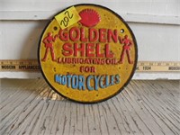 METAL GOLDEN SHELL OIL SIGN, HEAVY, 9 1/2"