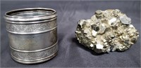 W&H silver napkin ring and pyrite specimen
