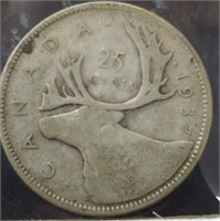 Silver 1937 Canadian quarter