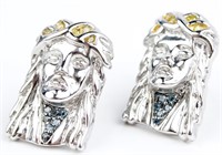 10K WHITE GOLD JESUS EARRINGS WITH DIAMOND ACCENTS