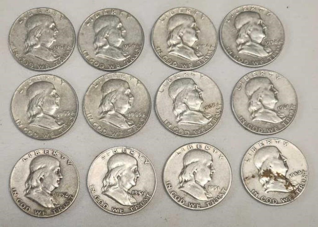 12- Franklin 1/2 Dollars 90% Silver