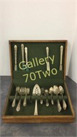 WM Rogers silver plated flatware with oak storage