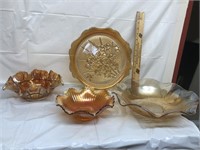 Group of carnival glass platter, bowls