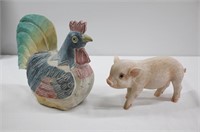 2pc Wooden Rooster & Ceramic Piglet Figurines