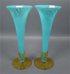Pair of Murano Art Glass Decorated Trumpet Vases